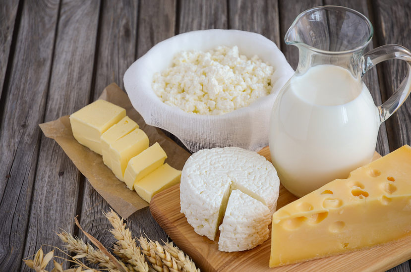 different types of cheeses, butter and milk