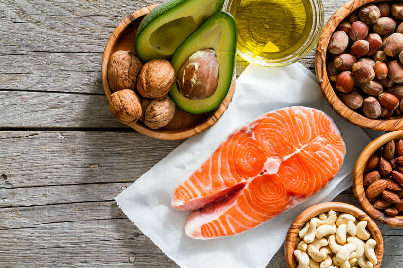 sources of omega 3 fats like avocado, salmon and oil