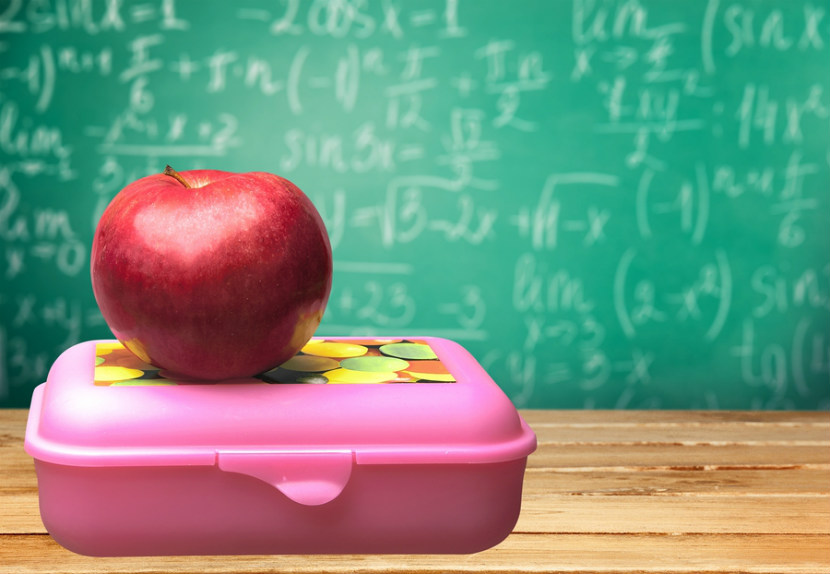 apple sitting on a lunch box in front of a chalkboard at school