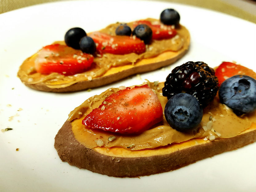 recipe, snack, sweet potato, breakfast, berries, nut butter, nut free