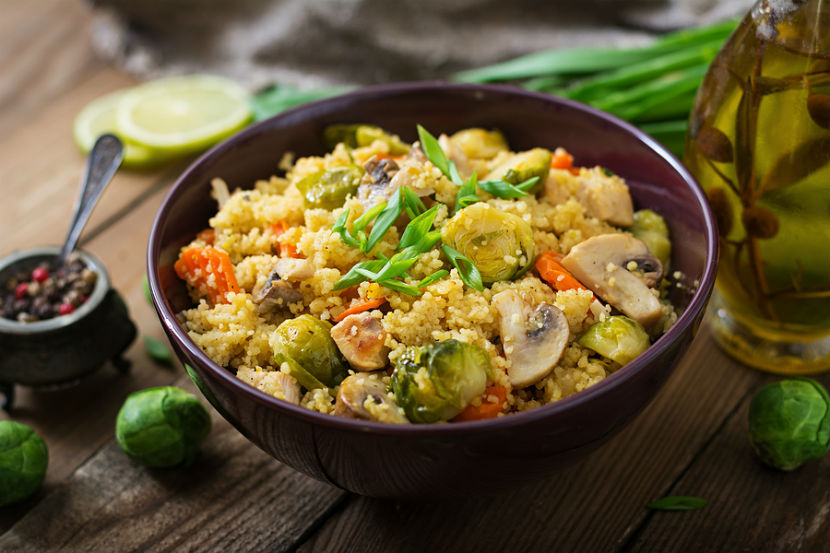 bowl of vegetarian and vegan food containing vegetables and grains