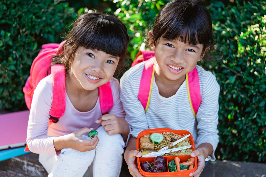 girls eating balanced school lunch outside