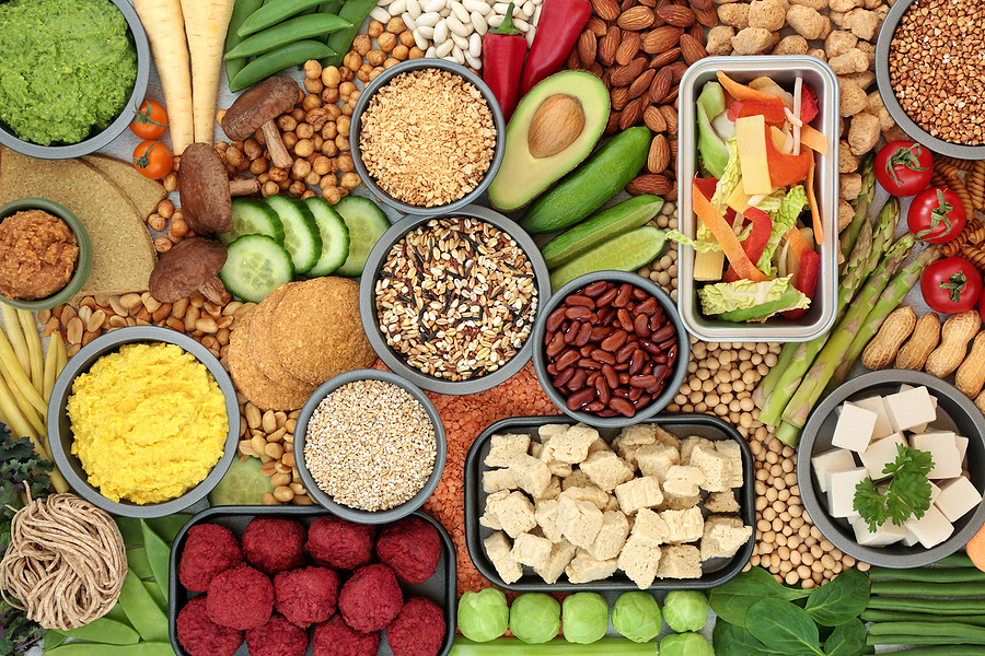 A variety of plant-based foods and proteins like tofu, chickpeas and lentils.