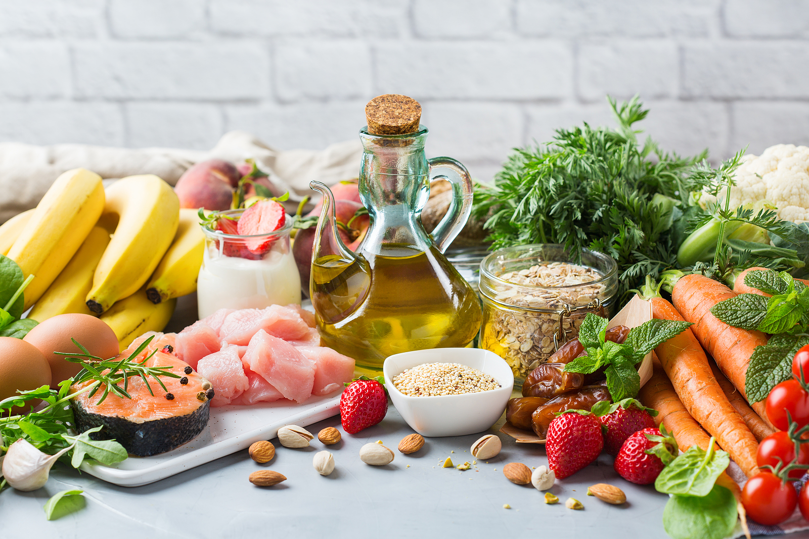Foods part of the Mediterranean diet like vegetables, fruits, legumes, nuts