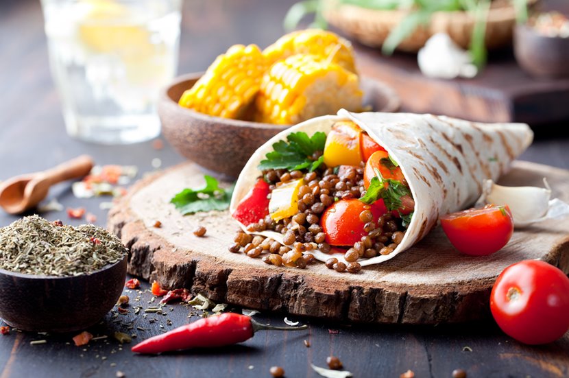 lentil, tortilla wrap, lentils, tomato, tomatoes, corn