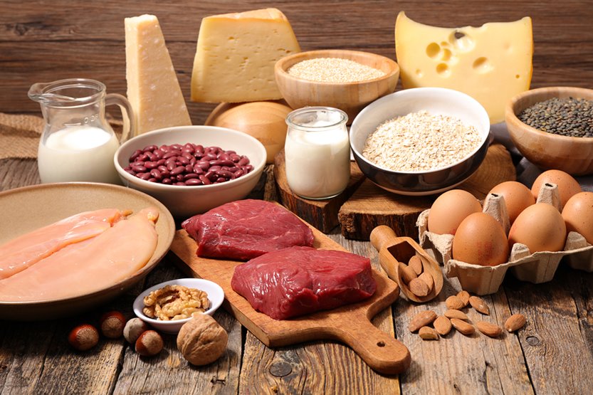 aliments riches en protéines, comme de la viande, du lait, du fromage et des légumineuses