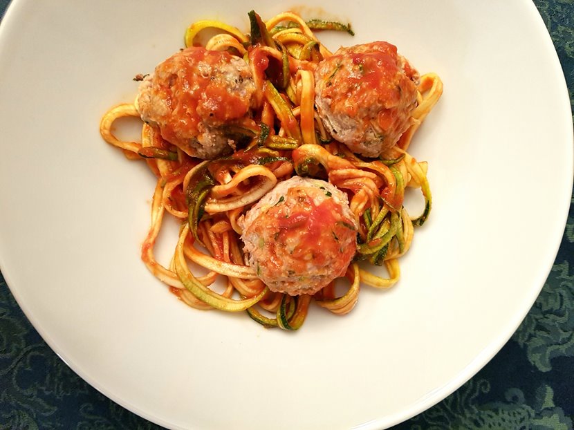 turkey meatballs, zoodles, zucchini noodles